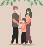 Mother father and son with masks and leaves vector design