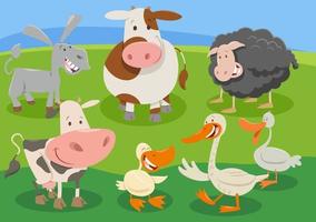 Grupo de personajes de animales de granja de dibujos animados en el campo vector