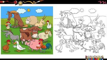 comic farm animal characters group coloring book page vector