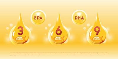 Omega 3, 6, 9 icono transparente de gota de aceite de pescado para la ilustración de vector de salud y belleza