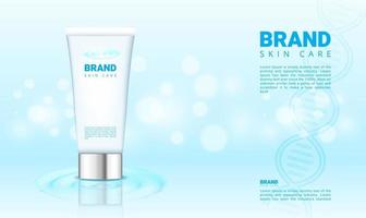 Fondo de agua azul y bokeh para productos cosméticos con ilustración de vector de embalaje 3d