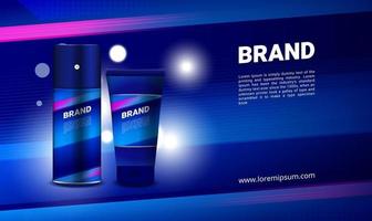 Anuncio de productos cosméticos deportivos azules para hombres con empaque 3D y luces bokeh. vector