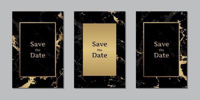 Tarjetas de invitación de boda con textura de mármol negro y dorado con plantilla de marco vector