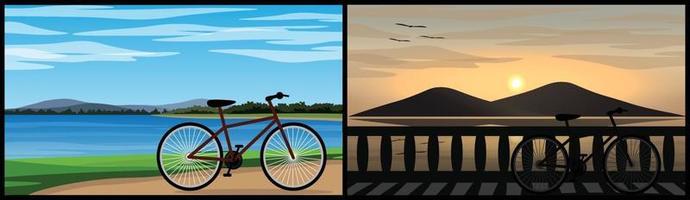 dos imágenes de una bicicleta estacionada cerca de un hermoso lago natural vector