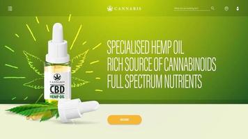 Green header for website with CBD oil and interface elements of website. Poster for website with CBD oil bottle with pipette and marijuana leafs vector