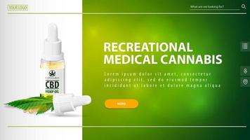 Recreational medical cannabis, white and green header for website with CBD oil bottle with pipette and orange button on green blurred background vector