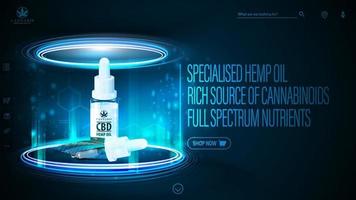 Dark and blue digital header for website with CBD oil bottle with pipette. Poster with dark neon scene with neon podium and hologram of CBD oil inside vector