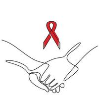 One line drawing of hand holding each other to prevent aids with red ribbon symbol. Prevention and protection HIV Aids. World AIDS Day 1 December concept. Vector illustration continuous line drawing