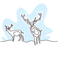 Two reindeer continuous one line drawing. Two deers in the forest minimalist design isolated on white background. Winter animal concept hand drawn line art vector wildlife sketch illustration