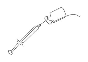 Continuous one line drawing of syringe with needle and vaccine tube for the corona vaccine test hand-drawn line art minimalist design. Against covid-19 concept isolated on white background.