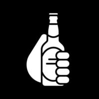 Hand holding beer bottle dark mode glyph icon vector