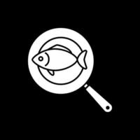 Fish on frying pan dark mode glyph icon vector