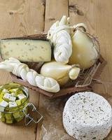 Different types of cheeses on a wooden background photo