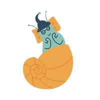 Good morning. The snail sleeps on a pillow. Children cartoon style vector illustration.