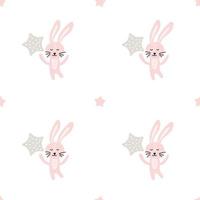 Seamless Pattern Scandinavian kids doodles elements wild animal hand drawn dreaming rabbit hare smile face stars. Cartoon bunny Vector illustration for kids white background.