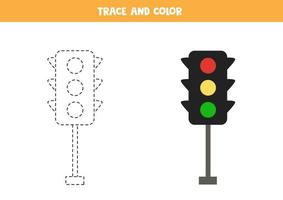 Trace and color cartoon traffic lights. Space worksheet for kids. vector