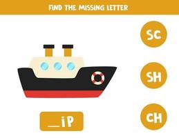 Find missing letter with cartoon ship. Spelling worksheet. vector