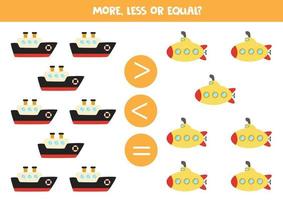 More, less, equal with cartoon ship and submarine. educational worksheet vector