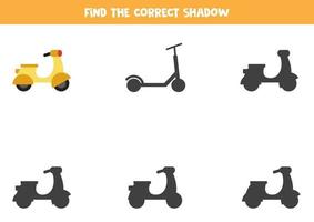 Find the correct shadow of cartoon moped. Logical puzzle for kids. vector