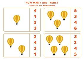 Math game. Count all air balloons. Transportation themed games. vector