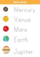 Tracing letters with solar system planets. Writing practice. vector