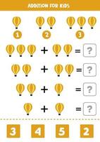 Addition worksheet with cartoon air balloon. Math game. vector