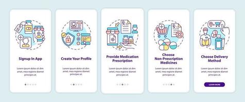 Pasos del pedido de medicamentos en línea incorporación de la pantalla de la página de la aplicación móvil con conceptos vector