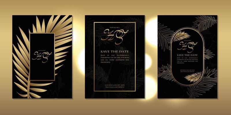 Luxury wedding invitation card decorated with golden leaves and beautiful frame template