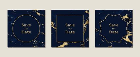 Dark blue marble pattern wedding invitation card in square shape with gold frame template vector