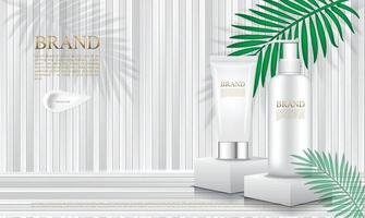 Cosmetics packaging on podium with white wooden slats and tropical leaf background