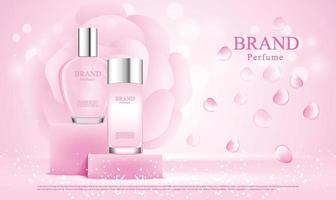 Botellas de perfume en el fondo del soporte de exhibición con ilustración de rosas rosadas vector