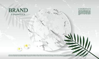 White marble podium background for displaying cosmetic products with leaves and shadows vector