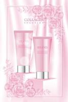 A cosmetic tube placed on a product display stand behind a pink silk cloth with a beautiful floral frame vector