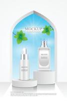 Cosmetic products stand on a backdrop of sky and leaves with 3D packaging vector