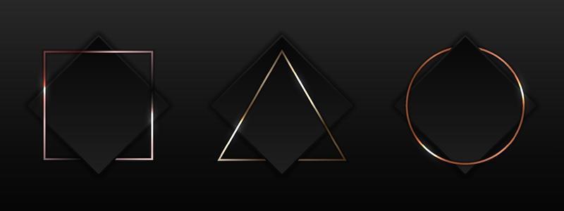 Set of black square with geometric border gold, pink gold, copper metallic frame badge on dark background luxury style