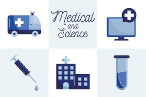 diseño de vector de conjunto de iconos de estilo plano médico y científico