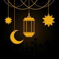 eid mubarak oro suspensión linterna luna y estrellas diseño vectorial vector