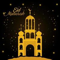 Eid mubarak gold temple with moon and stars vector design