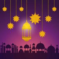 Eid mubarak gold lantern and stars hanging with city buildings vector design