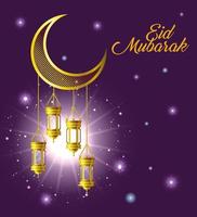 Eid mubarak gold moon with lanterns and stars and shining vector design