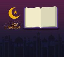 Eid mubarak moon star and koran with buildings silhouette vector design