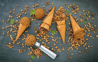 Nuts and ice cream flat lay photo