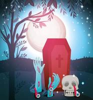 Halloween colorful design with coffin and zombie hands coming out the ground vector