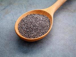 Chia seeds in wooden spoon on a gray background