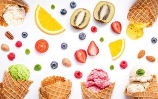 Flat lay of fruits and nuts with ice cream photo