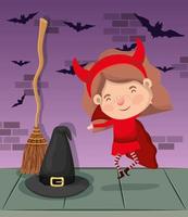 halloween season scene with girl in a devil costume vector