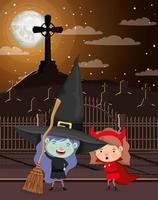 halloween season scene with kids on graveyard vector