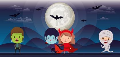 halloween season scene with kids in costumes vector