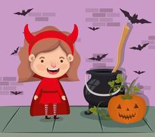 halloween season scene with girl in a devil costume vector