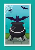 halloween season card with cauldron and bats flying vector